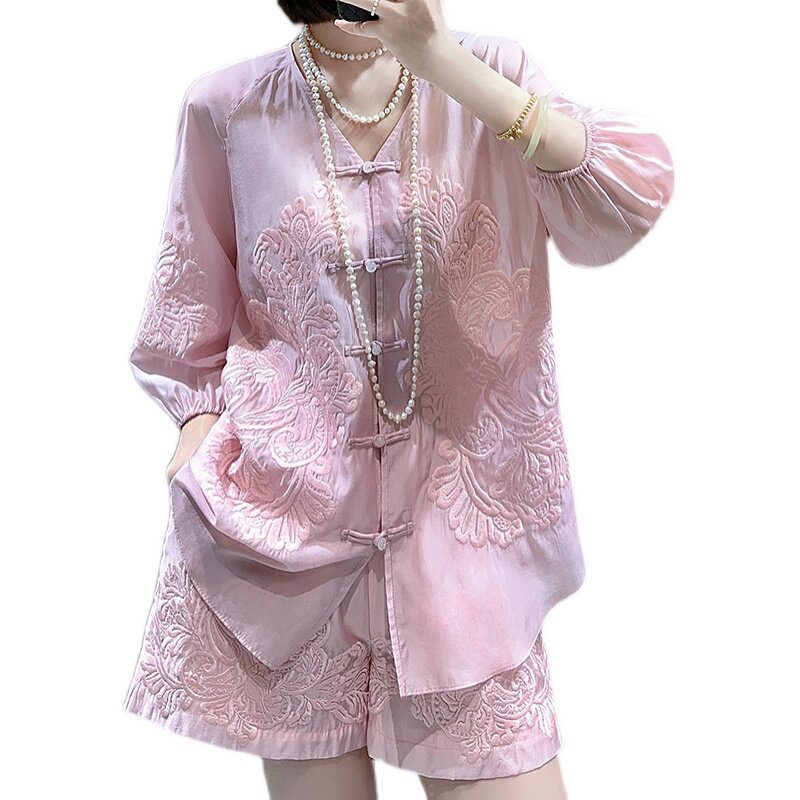 新中式唐装禅意大码件套盘扣两复古汉服夏装妈妈时尚套装
