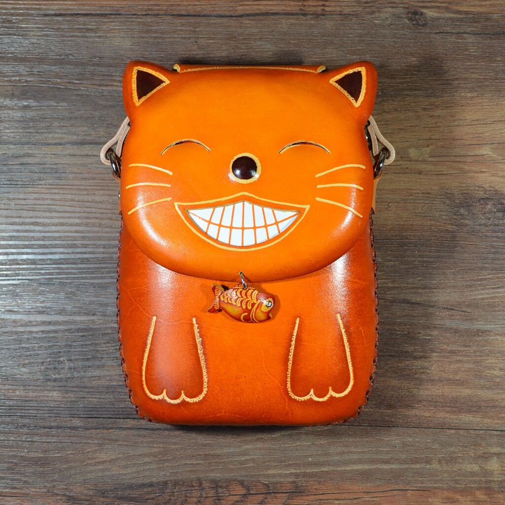 牛皮卡通手工女包动物单肩包可爱猫咪斜挎包迷你小包包真皮手机包