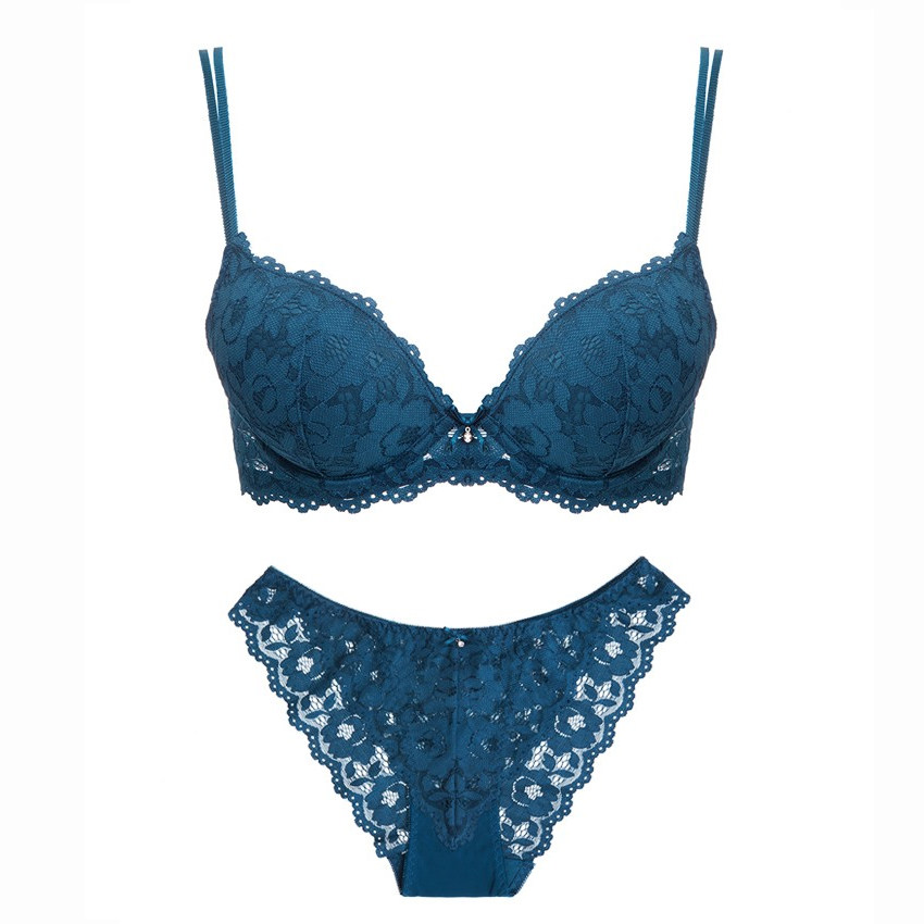 内衣深v聚拢性感蕾丝花边胸罩上薄下厚细肩带加厚女文胸套装舒适