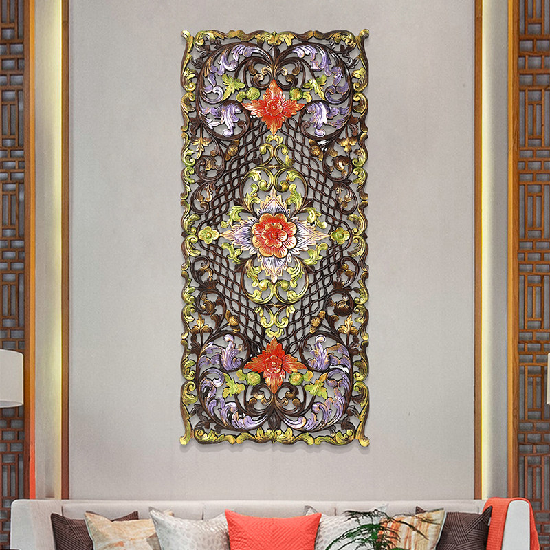 泰域泰国木雕雕花板墙东南亚风情实木客厅墙面壁饰