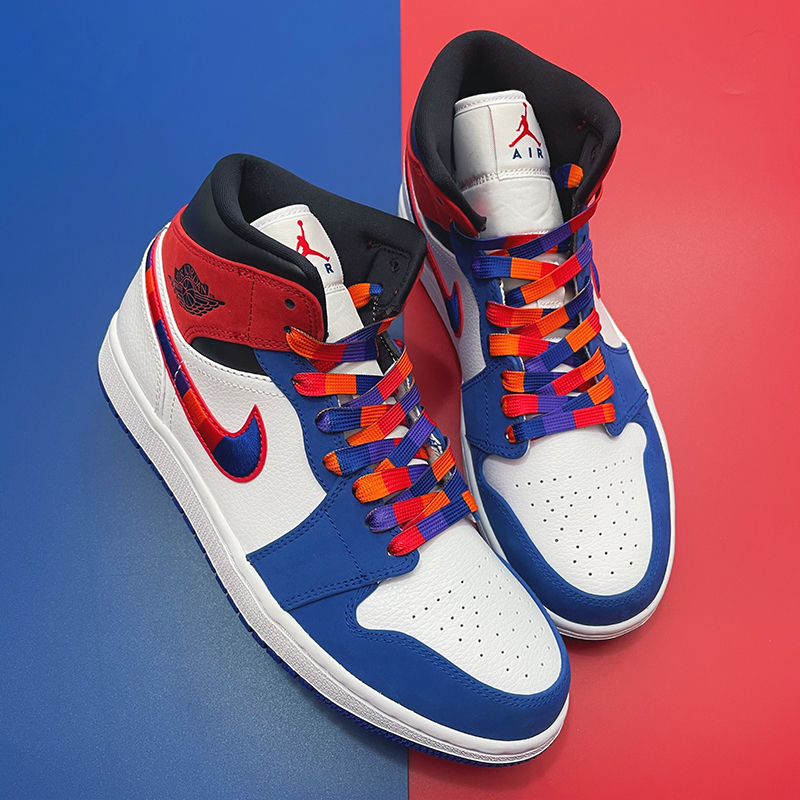 拼接eve适配1mid刺绣彩钩aj1白蓝红中帮球鞋鞋带