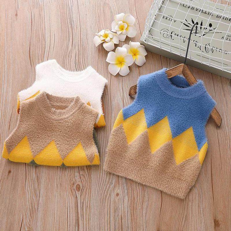 秋冬季背心毛线坎肩针织宝宝马甲婴幼儿仿貂套头马甲
