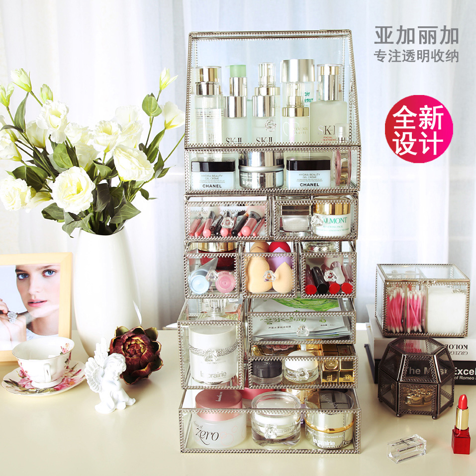 玻璃化妆品收纳盒置物架桌面化妆盒轻奢护肤品口红盒梳妆台整理盒 - 图2