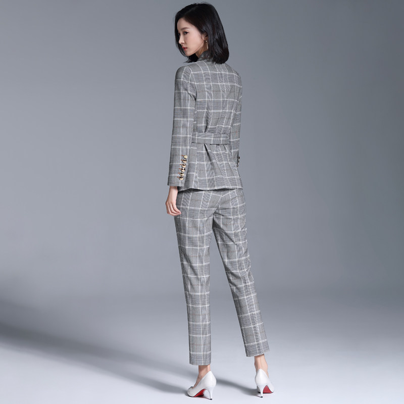 格子西装套装英伦风小香风职业装面试工作服格纹时尚职业女裤套装
