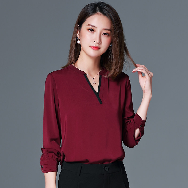 酒红色v领雪纺衬衫女长袖2019春装新款时尚chic衬衣气质职业上衣
