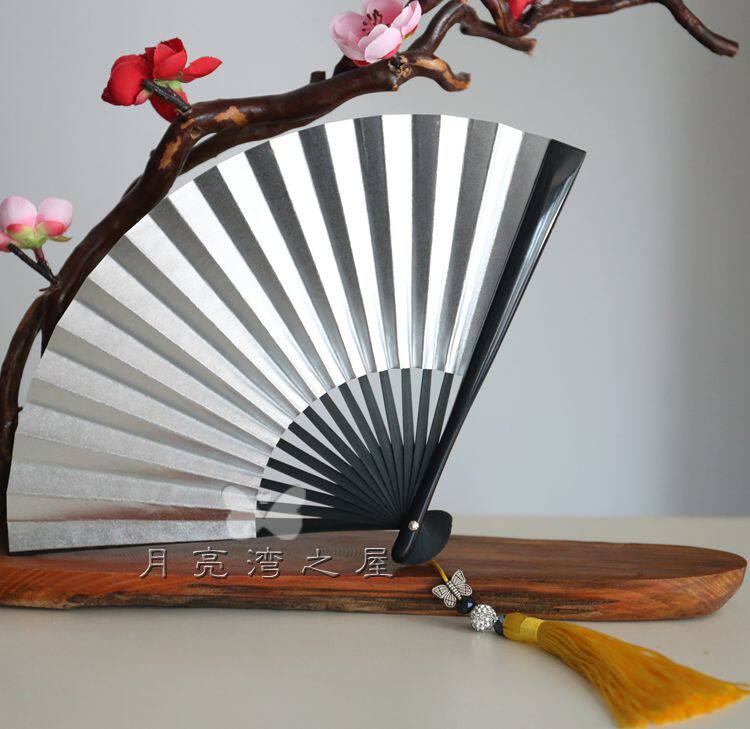 月亮精美5寸女扇双面金色银色纸扇迷你夏季扇子