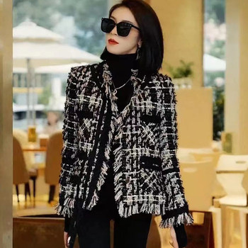 Xiaoxiangfeng Heavy Industry woven tassel plaid contrasting long-sleeved woolen coat for women tassel raw edge short jacket top