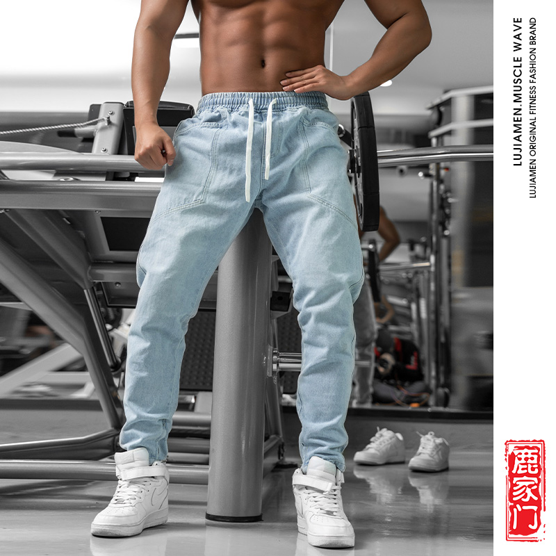 BD鹿家门牛仔裤秋季小脚休闲做旧长裤宽松拉链潮流牛仔运动裤男