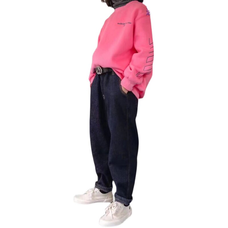 波拉波拉韩国童装男女童2021冬季新款奥丽一体绒老爹牛仔裤