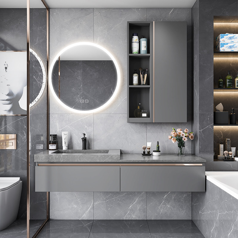 现代简约北欧轻奢岩板一体盆浴浴室柜组合洗脸洗手浴室柜组合