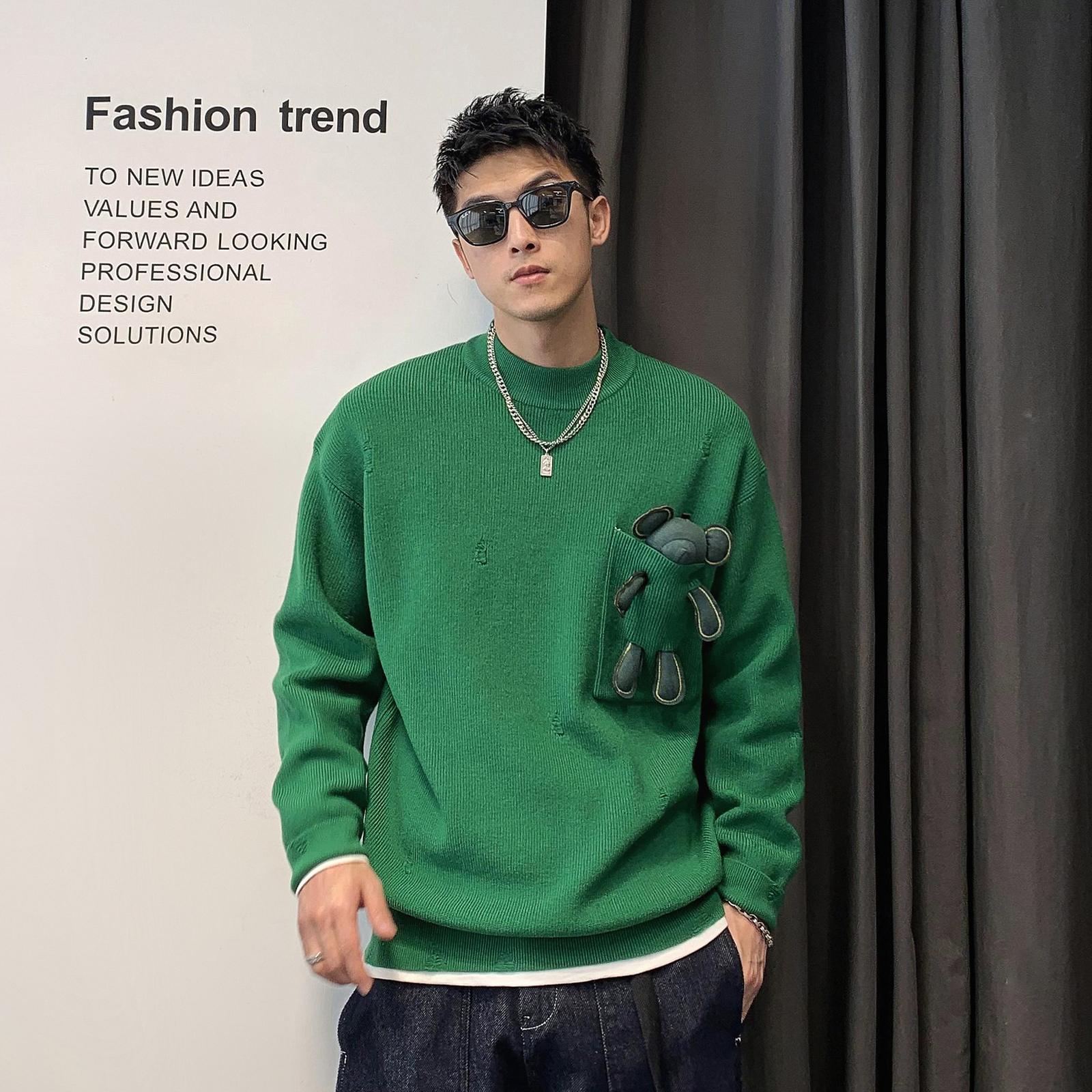 徐太浪可拆玩偶毛衣男秋冬加厚内搭保暖上衣设计感小众纯色打底衫