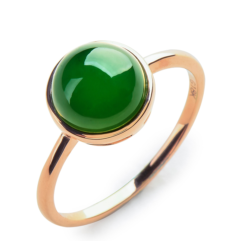 绿翠玉楼和田玉碧玉戒指女菠菜绿蛋面圆型18k玫瑰金镶z4330