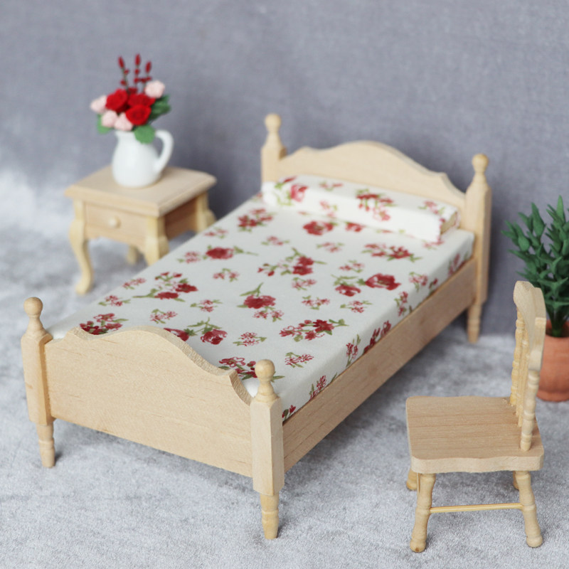 娃娃屋dollhouse迷你家具模型卧室场景diy素坯单人床家居