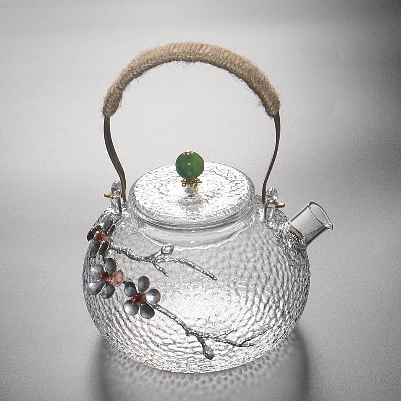 日式提梁双内胆煮玻璃茶壶锤目烧水壶电陶炉专用梅花蒸茶壶