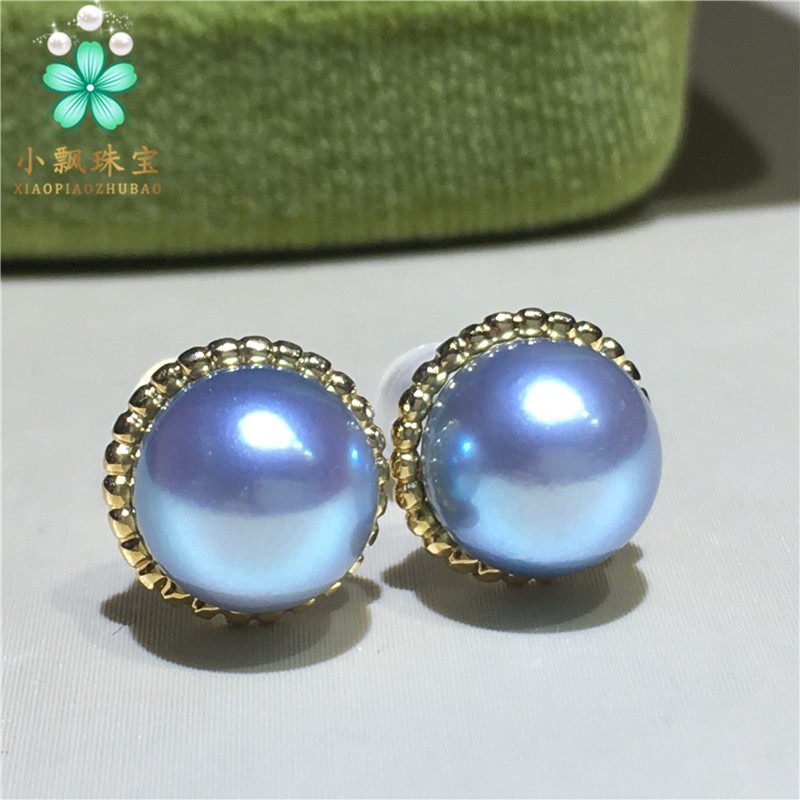 镜面蓝珍珠银灰正圆麻花光日金麻花18k海水天然耳饰