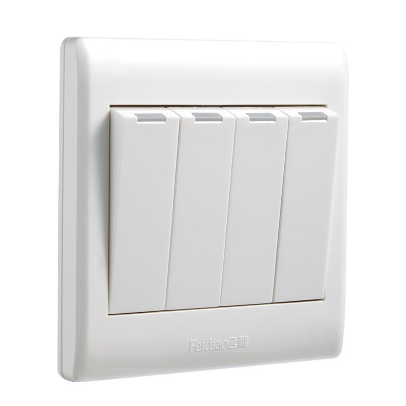 飞雕开关插座86型暗装家用四位开关四开四联双控开关面板电灯开关