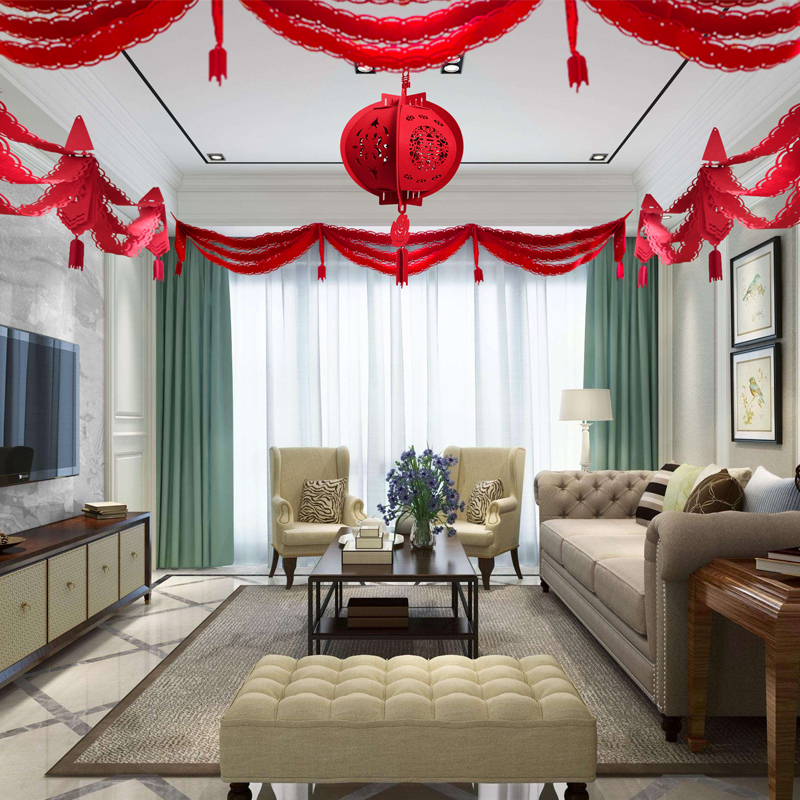 婚房布置套装结婚中式新房客厅无纺布波浪拉花拉花