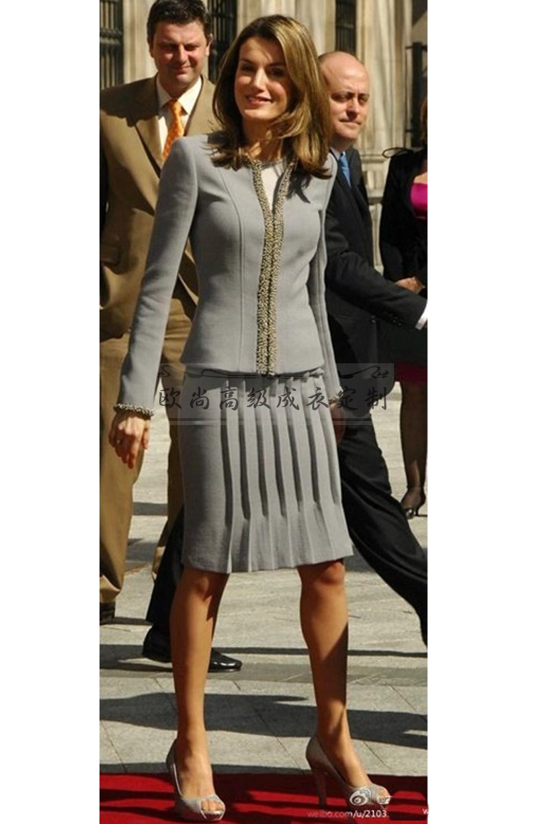 高端定制莱蒂齐亚西班牙王后灰色西装套装职业职业女裙套装