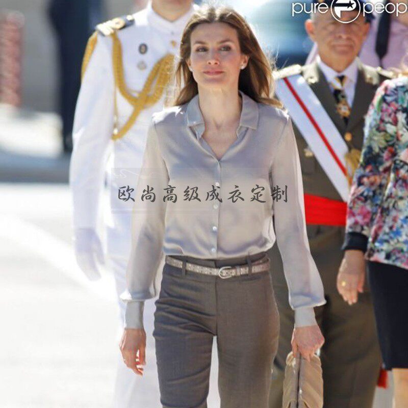 高端定制莱蒂齐亚西班牙王妃同款银灰色真丝衬衫套装裤时尚秋气质