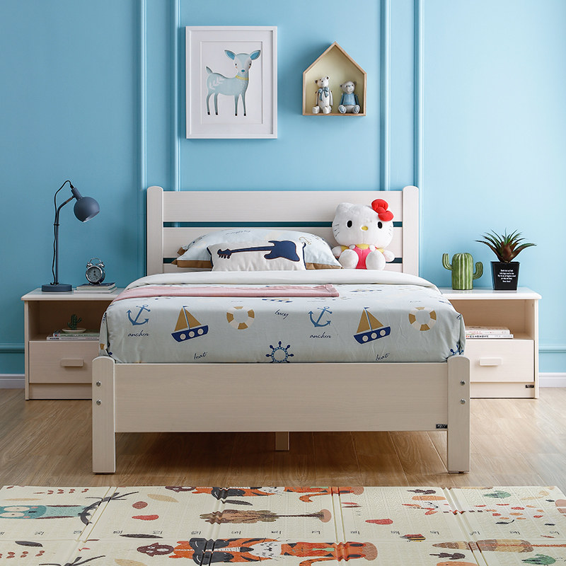 现代简约儿童实木单人床男孩女孩1.2米青少年白色家具组合实木床