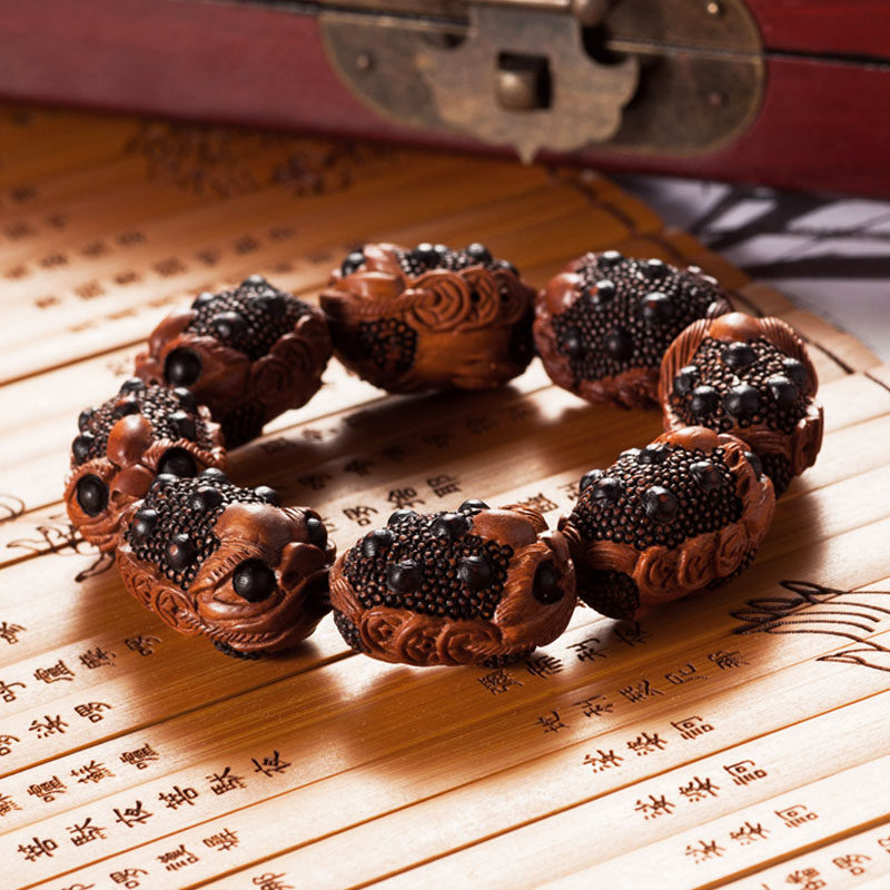 富美达老料桃木木雕金蟾手链佛珠手串男手工精雕木文玩饰品木珠