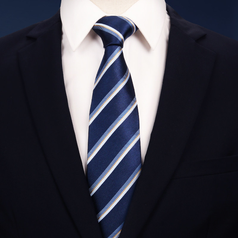 真丝领带男士桑蚕蚕丝商务务正蓝白条纹新郎领带