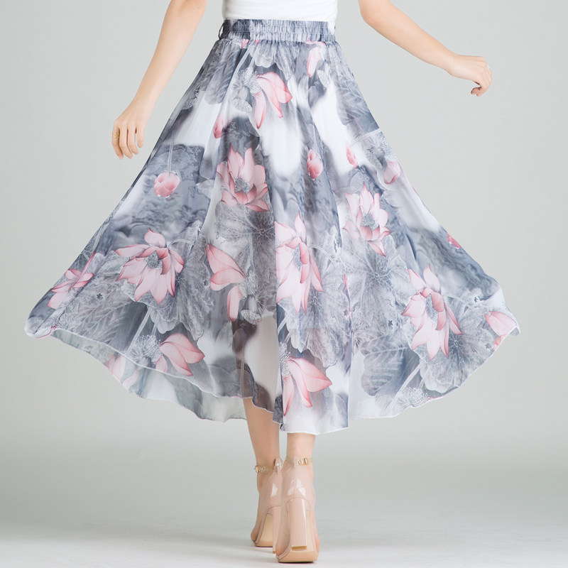 雪纺百褶薄款裙子碎花中长大摆半身韩版显新款半身裙