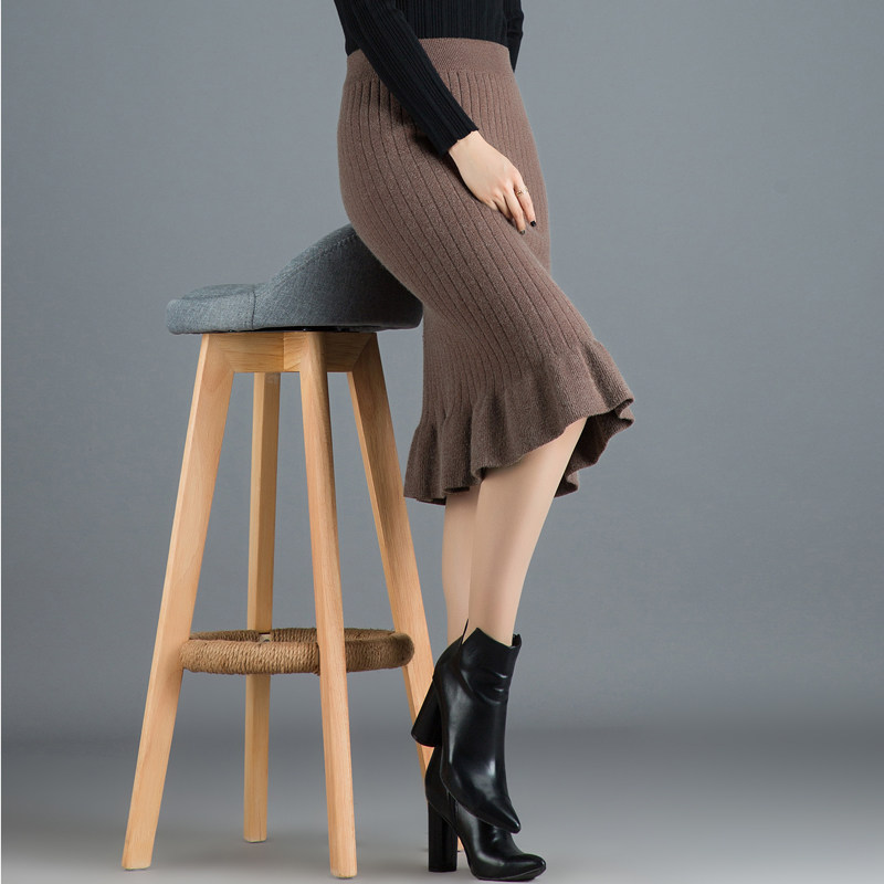 2019新款时尚鱼尾毛线裙包臀裙半身裙女秋冬短款中长裙一步针织裙