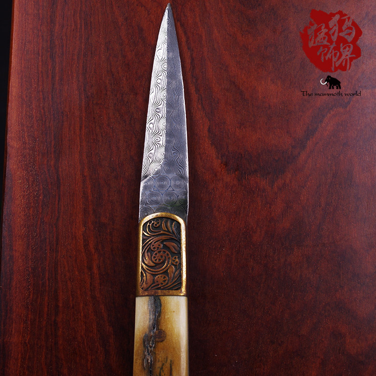 保真猛犸猛犸象象牙制刀柄大马士革茶刀皮制文玩茶道茶道