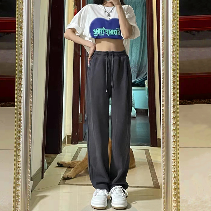 美式辣妹灰色运动裤女秋冬季休闲阔腿裤宽松显瘦抽绳百搭束脚卫裤