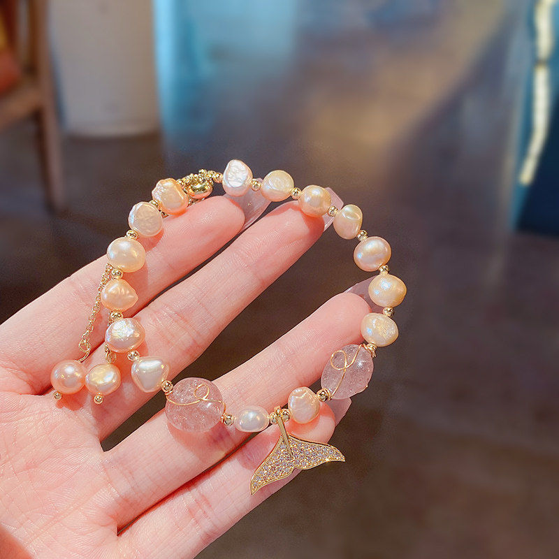 粉色水晶珍珠手链2022年新款高级轻奢手饰小众手链