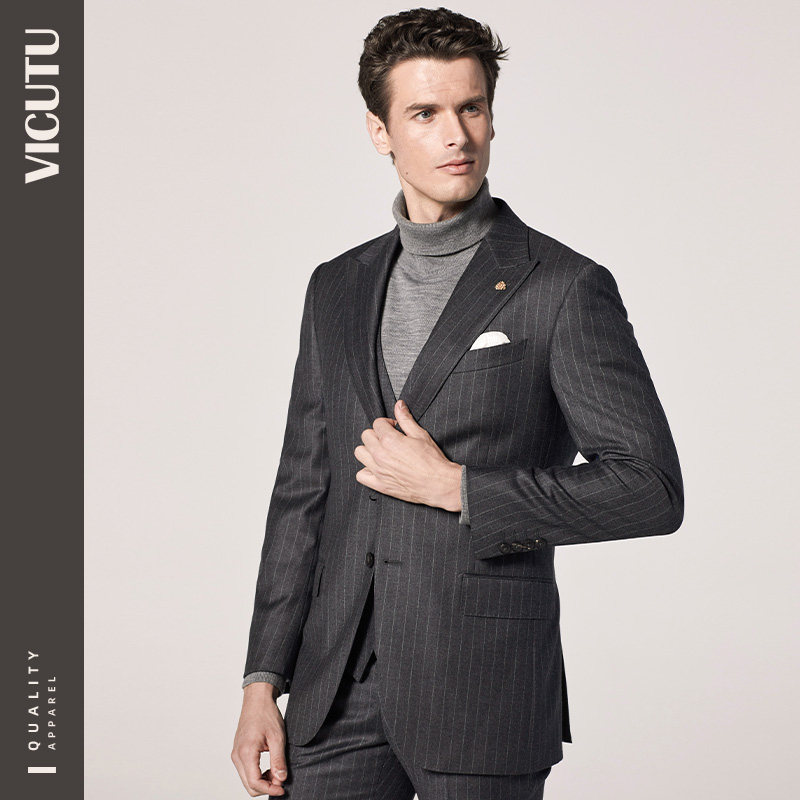 vicutu威可多男士西服上衣纯羊羊毛深灰条纹商务西服