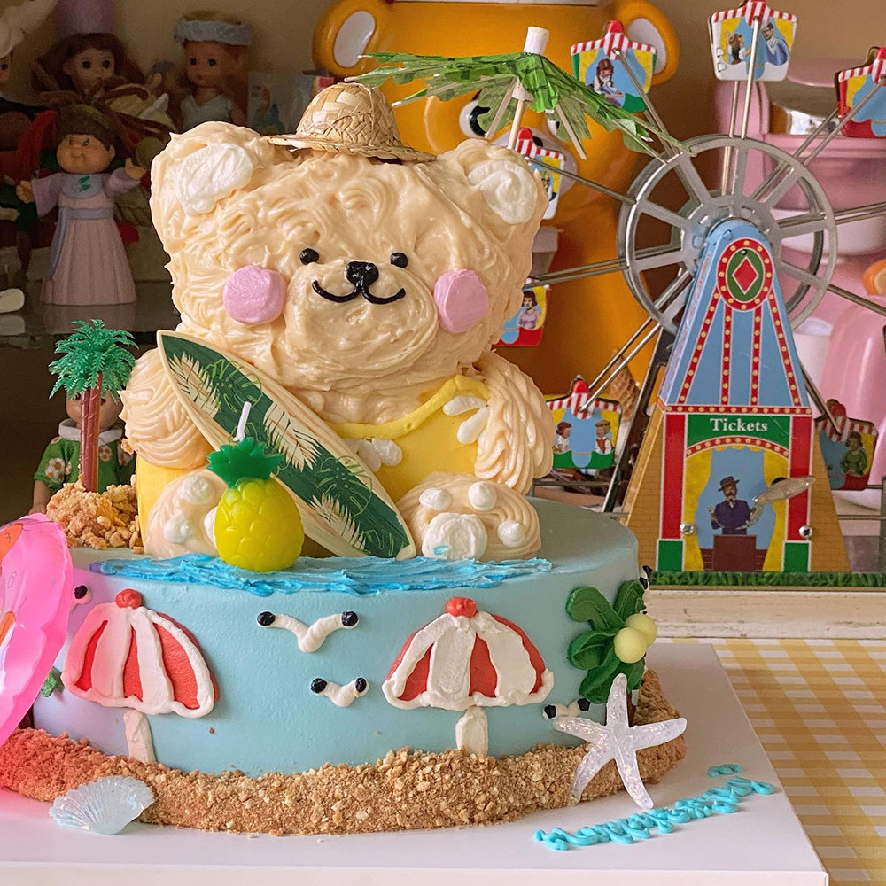 韩国复古夏日奶油小熊草帽蛋糕迷你摆件配件节日装扮用品