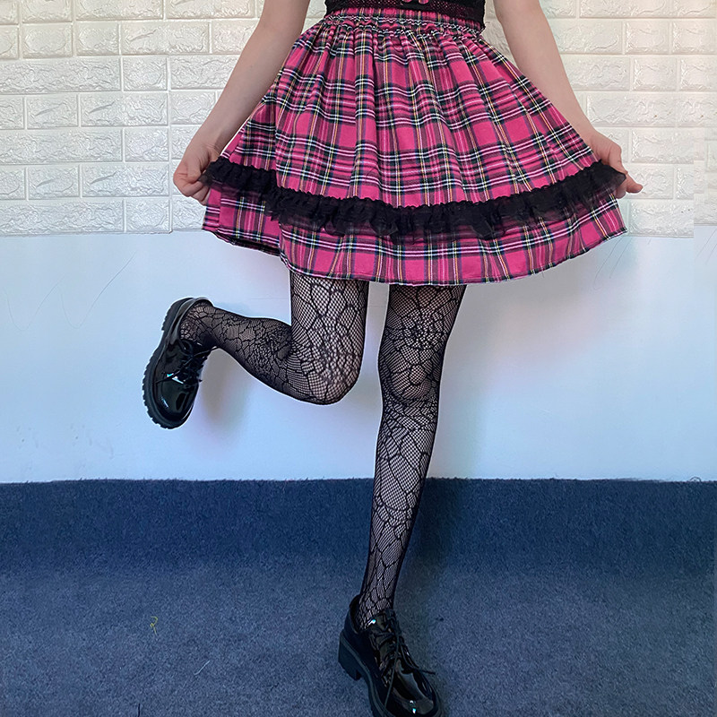 短款格子辣妹半身jk裙土超短裙蕾丝粉色半身裙