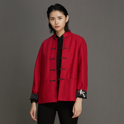 recluse朱鹤新中式中式毛呢短外套立领盘扣改良唐装开衫红色上衣