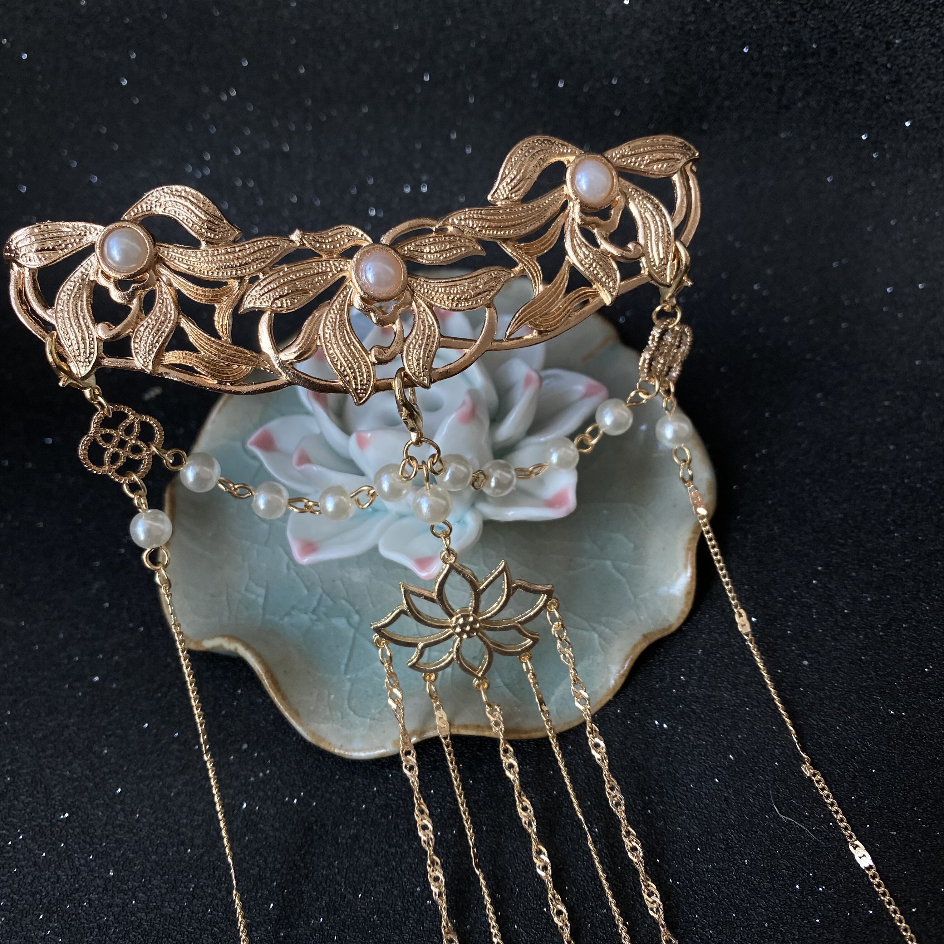 长流古风lolita新娘珍珠流苏两用司钗阁发冠草叶发饰