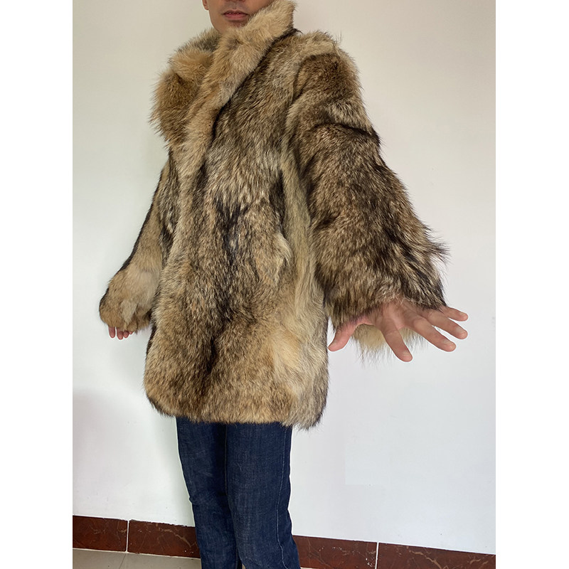 高端定制美国进口郊狼整皮男装连帽自然色皮毛皮衣