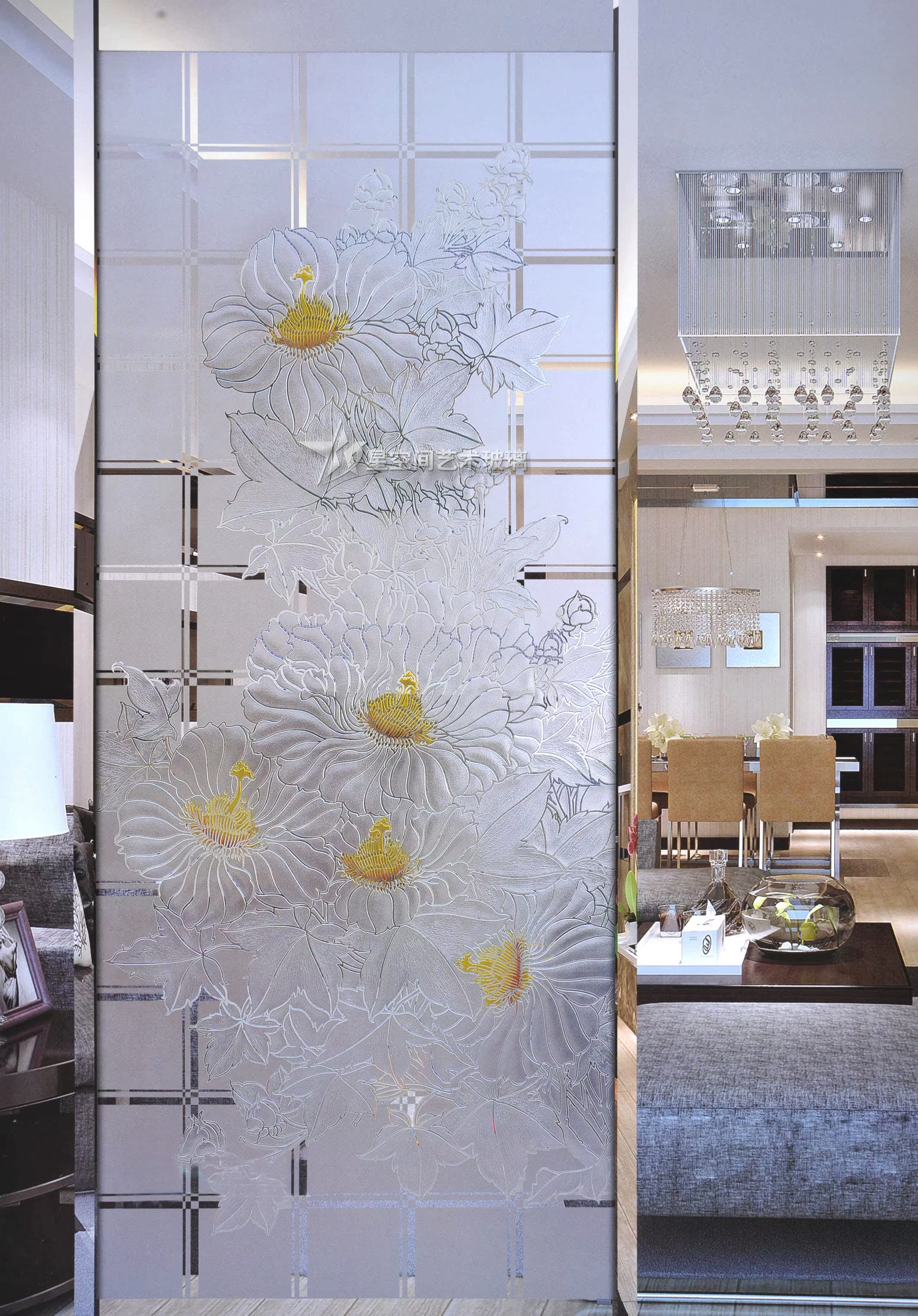 现代简约客厅过道深雕艺术玻璃隔断玄关屏风背景墙装饰画艺术玻璃
