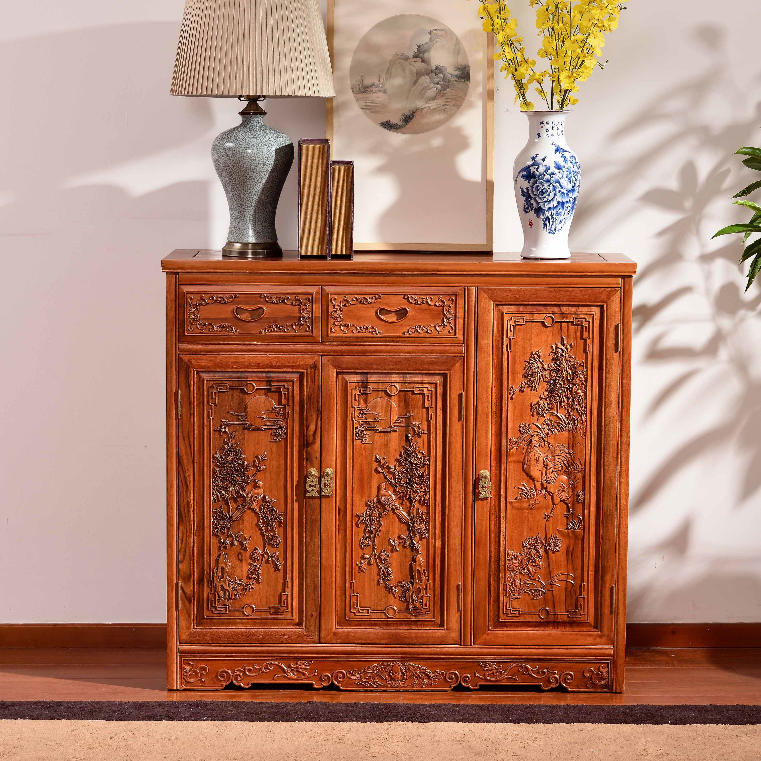中式全实木香樟木鞋柜仿古红木雕花古典三门鞋柜