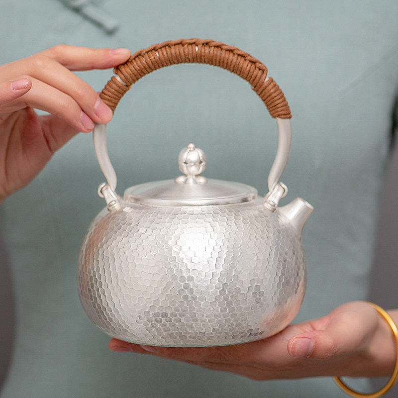 银壶家用茶壶提梁茶具功夫茶功夫水壶纯银锤纹茶壶