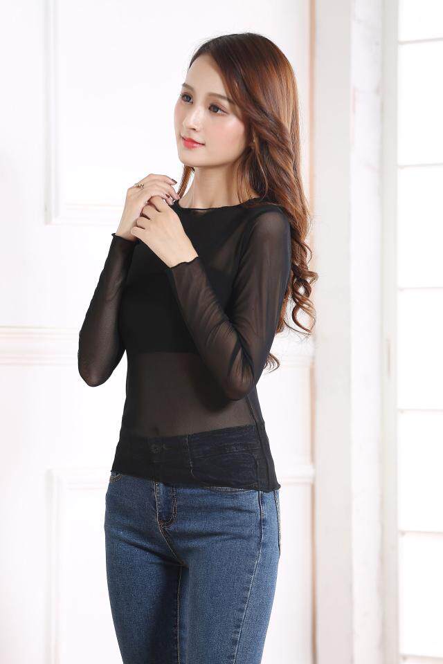 女装秋搭配薄款弹力网纱透明长袖打底衫女蕾丝t恤密珠包边内上衣