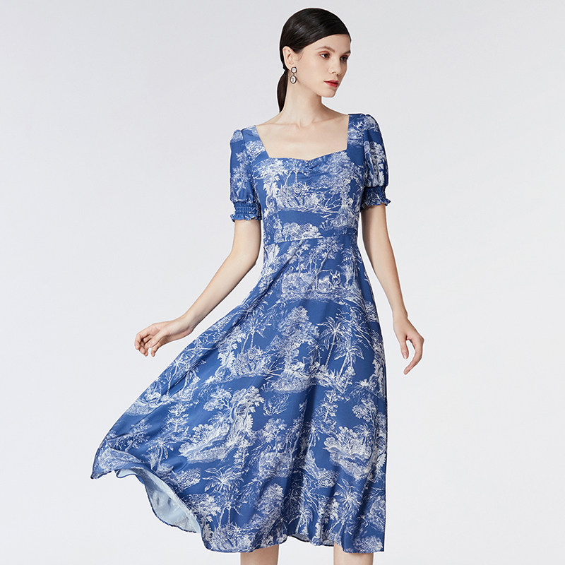 欧柏兰奴2021年夏季新款连衣裙青花瓷系列印花收腰显瘦连衣裙