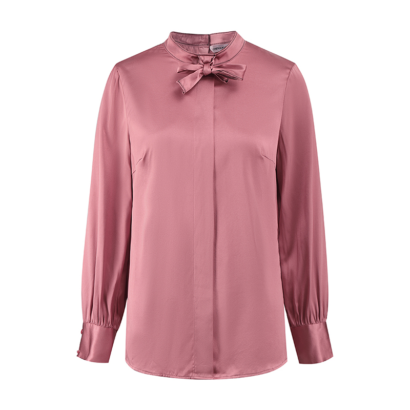 欧柏兰奴女装长袖蝴蝶结领带丝滑衬衫上衣修身显瘦衬衫