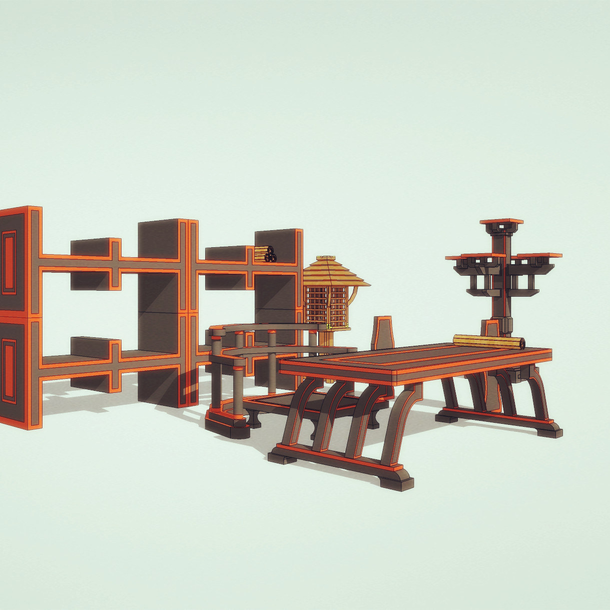 汉唐风汉代宫庭家具书柜宫灯烛台案几座椅书桌竹简草图大师su模型