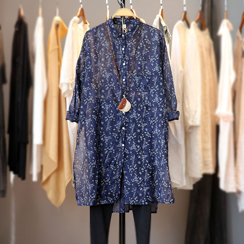 2022春款复古宽松大码文艺碎花薄透款长袖打底衫气质衬衫女防晒衫
