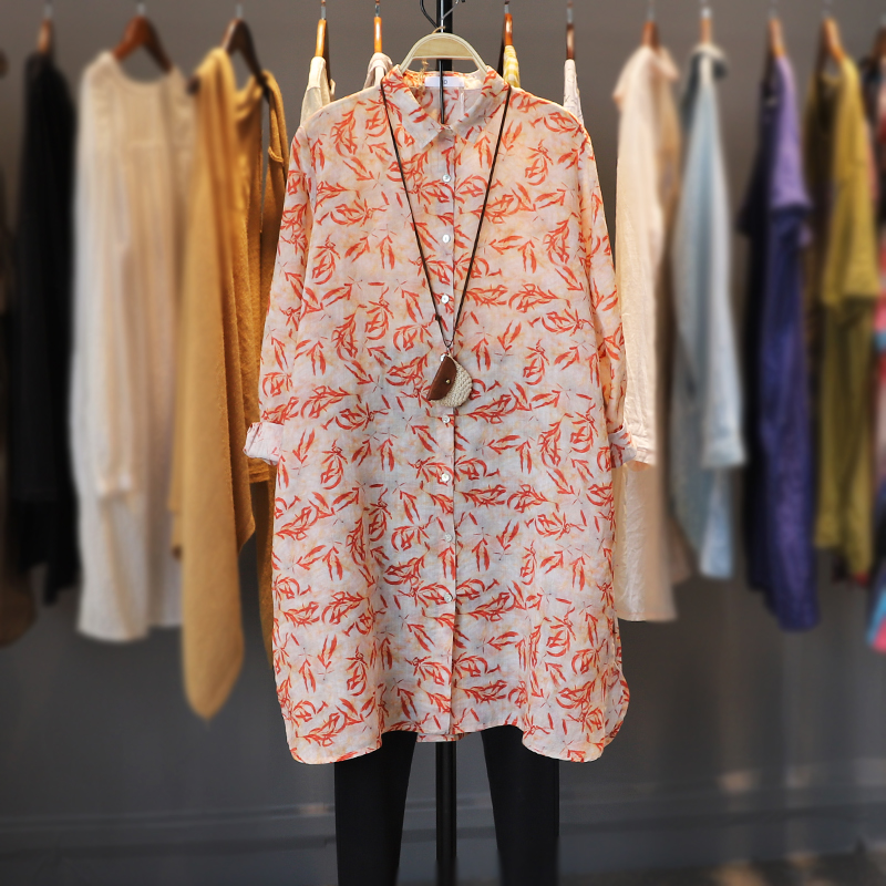 春季2022宽松大码不规则印花文艺气质显瘦百搭棉麻衬衫女衬衣开衫