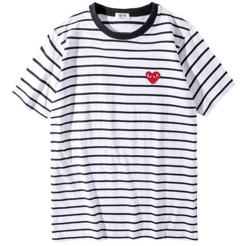 夏刺绣小红心t恤女爱心短t桃心纯棉男t恤情侣装短袖圆领宽松大码