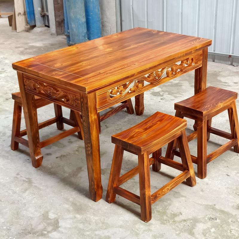 实木长方形面馆家用做仿古碳化桌凳商用中式饭店实木餐桌