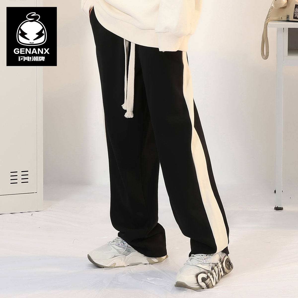 GENANX闪电潮牌纯棉运动裤2022新款撞色拼接印花垂感直筒卫裤男生