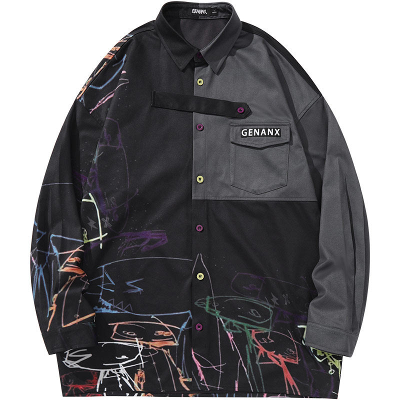 衬衫genanx闪电潮牌男士黑灰灰色拼接炫彩涂鸦衬衫
